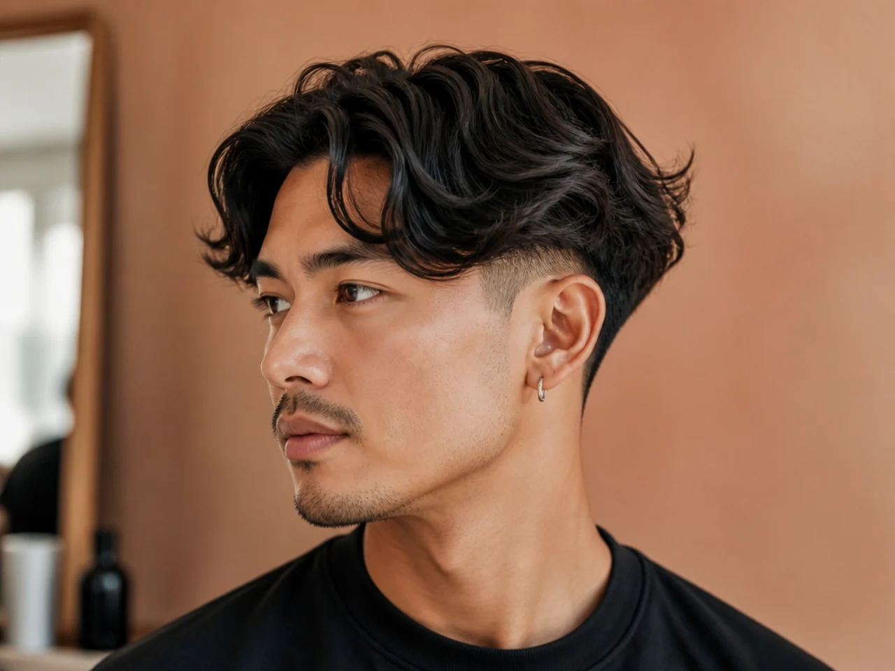 Wavy curtain fade with the S-curve of the wave falling forward at the fringe and a low taper on the sides