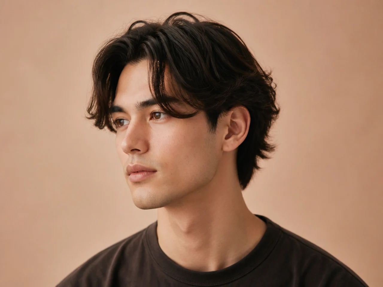 Classic curtain flow haircut on a young man with straight brown hair parted center, sides sweeping back and tucking behind the ears