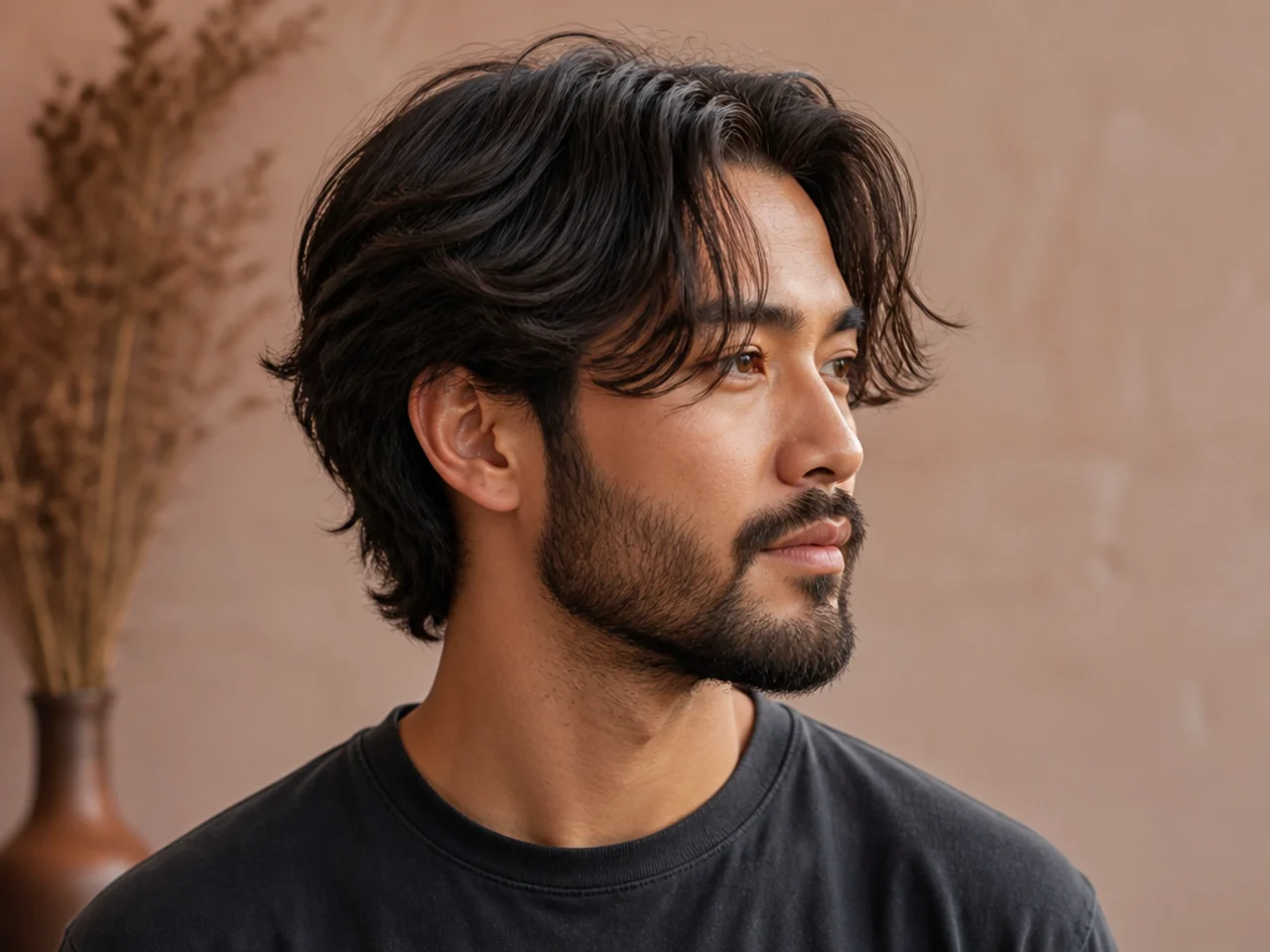 Curtain flow paired with a short fade beard so the hair and beard read as one continuous framing oval