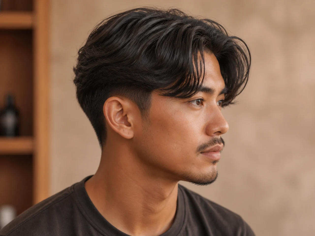 Curtain flow haircut with a low taper fade blending from a three-guard to skin at the sideburn
