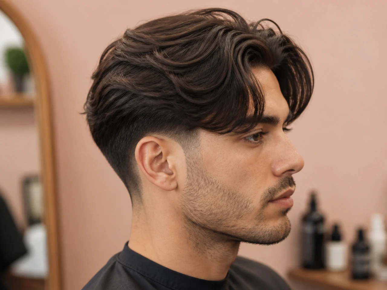 Curtain flow haircut with a mid fade starting at the temple showing skin along the ear on a young man