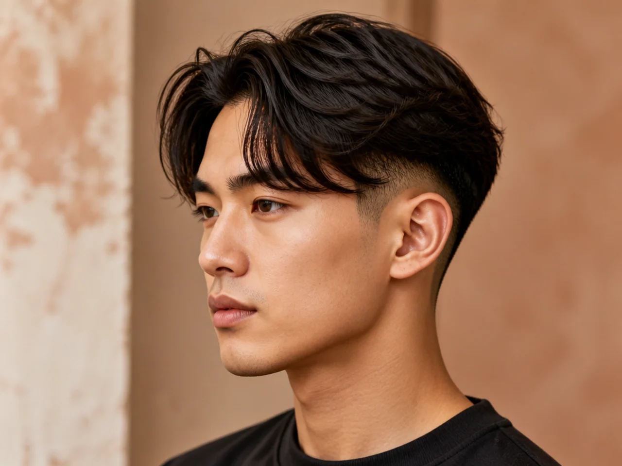 Curtain flow haircut with a high skin fade taken to the parietal ridge with a hard line at the temple
