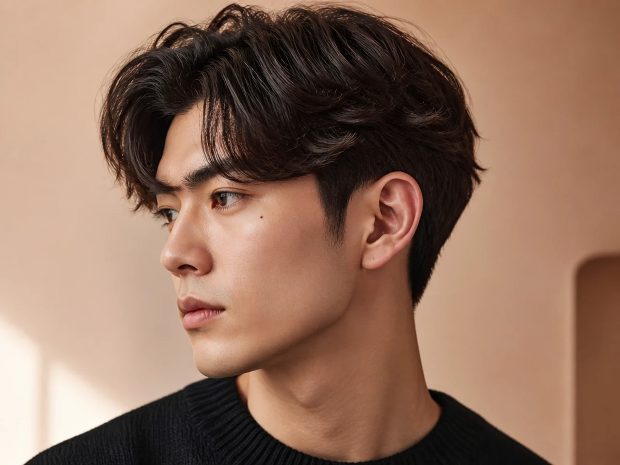 Curtain flow haircut with a two-block cut where a longer scissor layer covers a buzzed underlayer at the sides