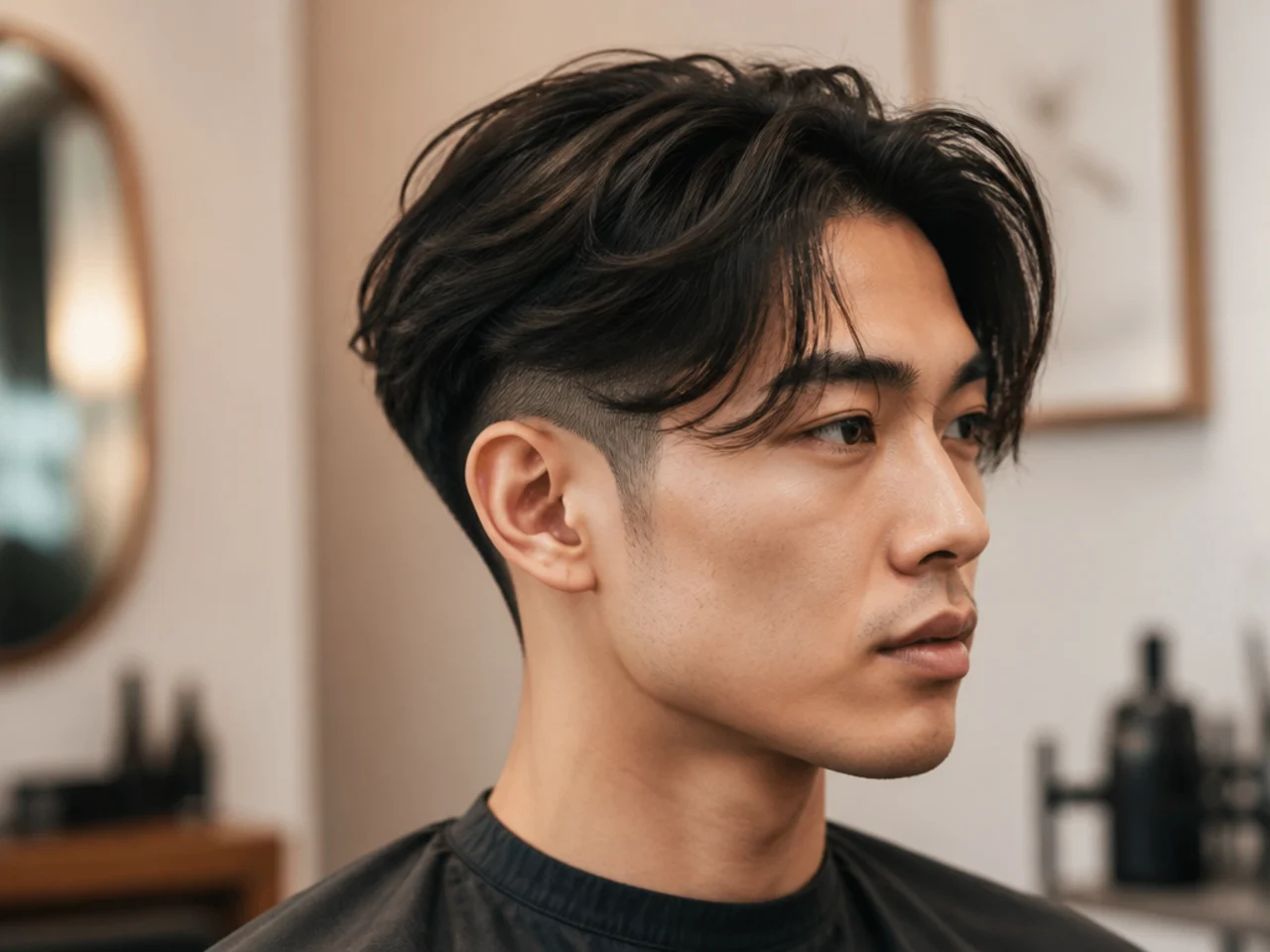 Curtain flow haircut with a disconnected undercut and one-length top dropping over buzzed sides