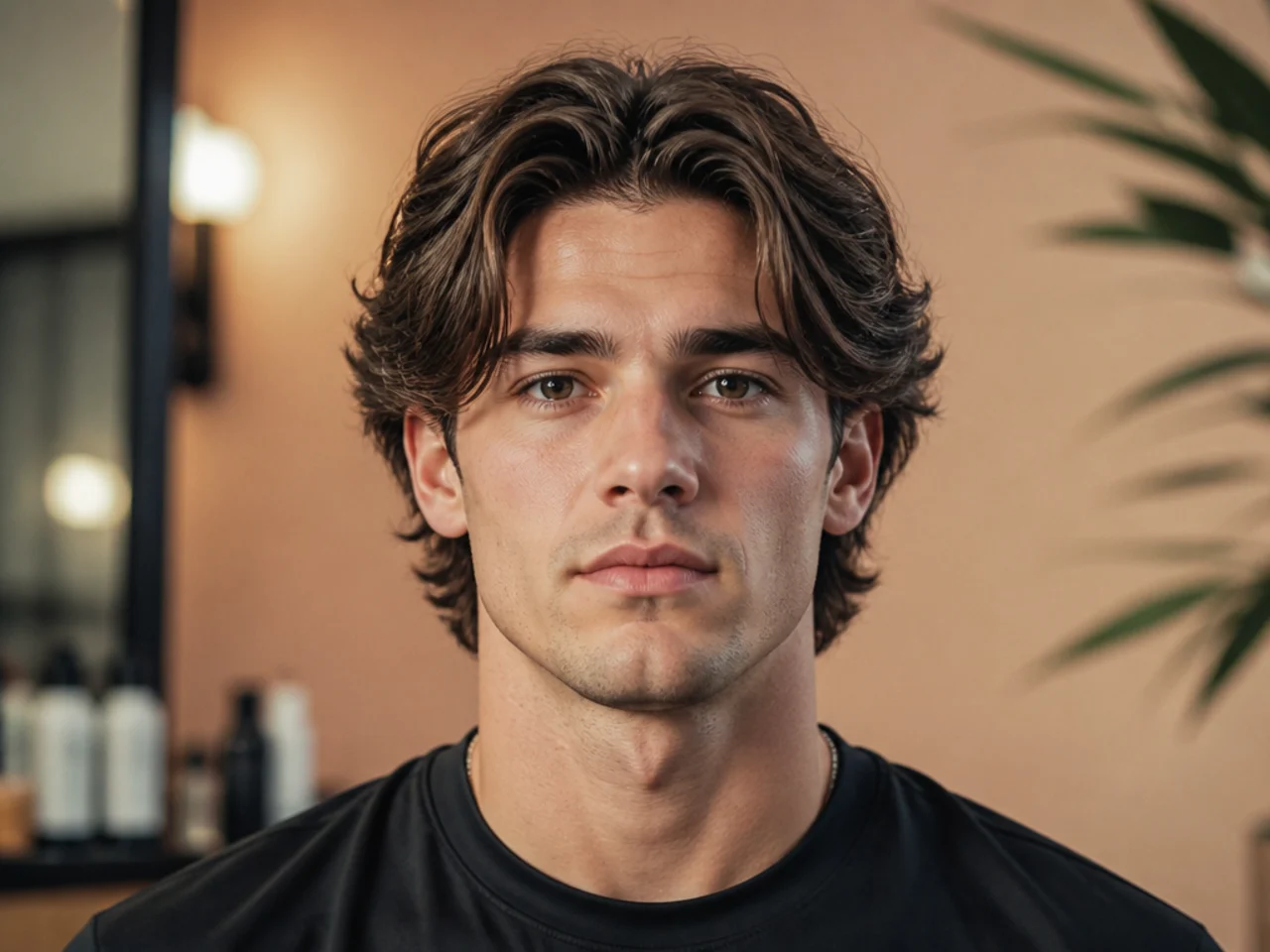 Hockey-player curtain flow with six inches on top swept back and tucked behind the ears on a young man