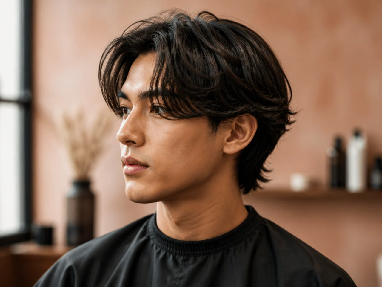 Client showing a phone reference photo of a curtain flow haircut to a barber in a modern barbershop