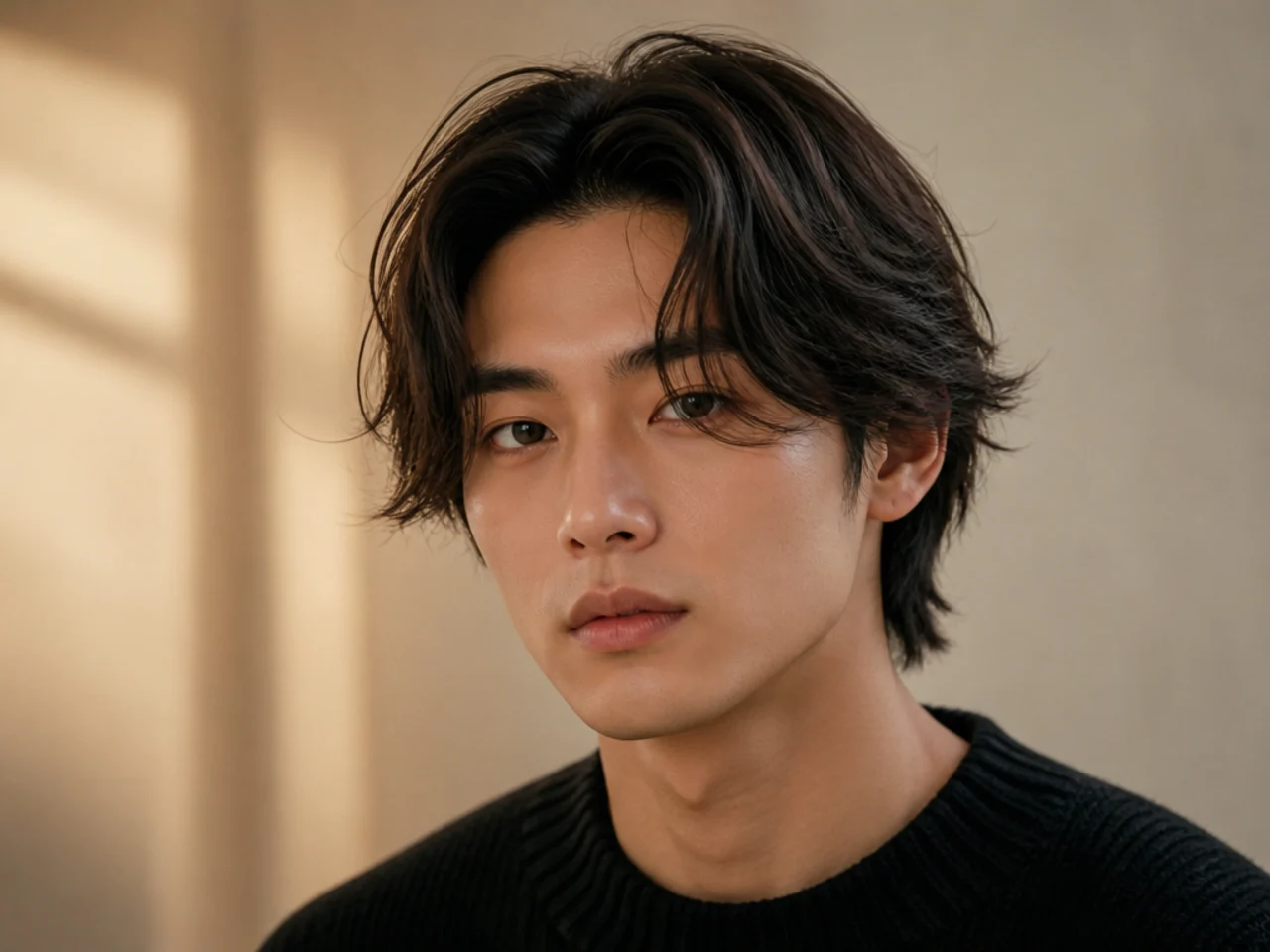 Korean-style curtain flow with feathered fringe and softer sides on an East Asian man