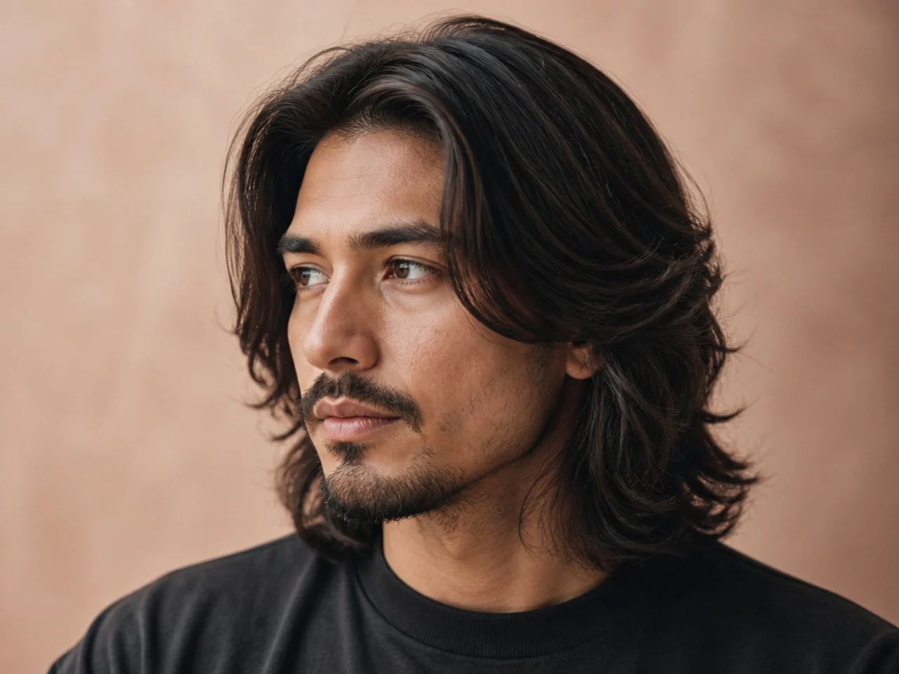 Long curtain flow haircut with six-plus inches on top reaching past the cheekbones on a young man