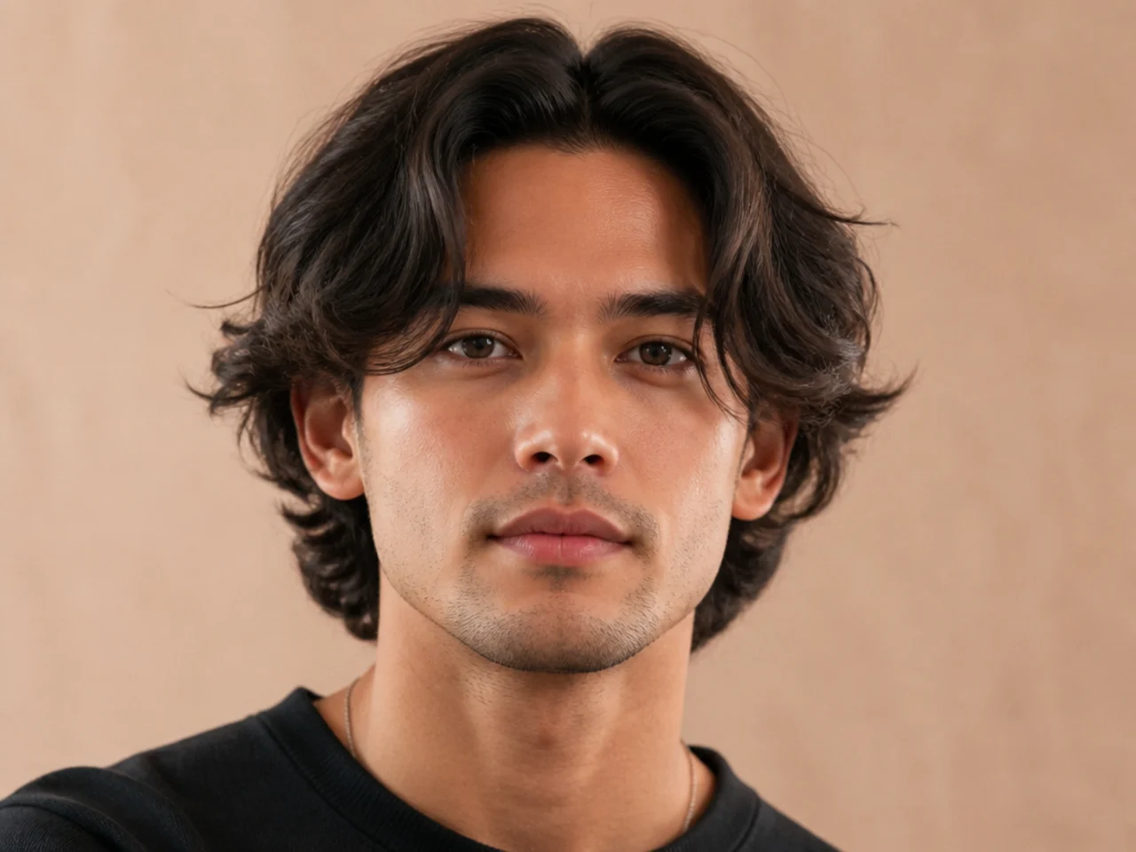 Medium curtain flow haircut with five inches on top and sides sweeping past the ear on a young man