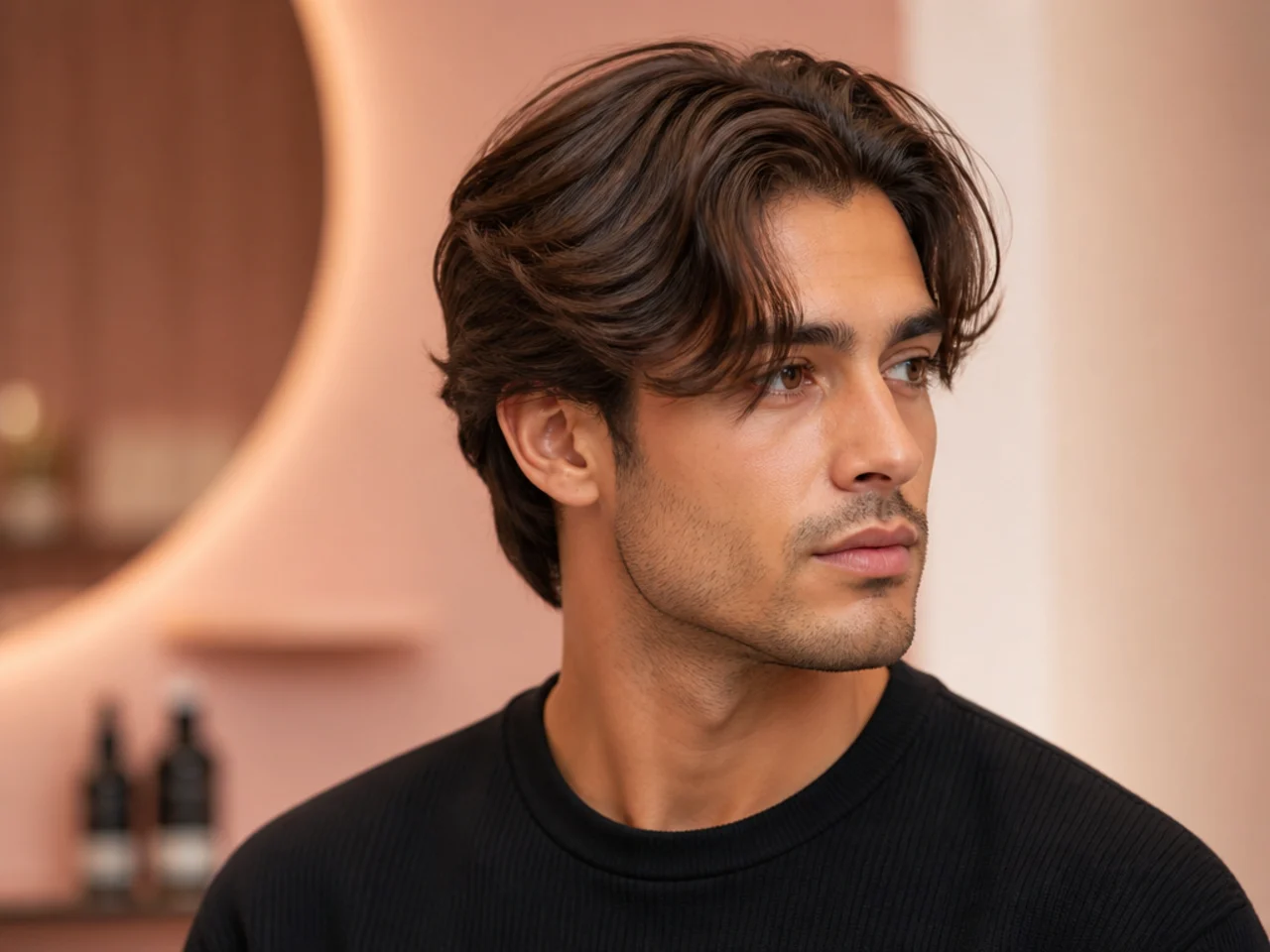 Modern curtain flow with cleaner lines and a softer feathered fringe on a young man