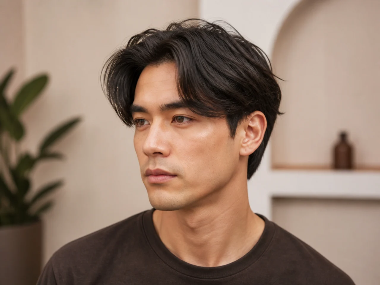 Short curtain flow haircut with three-inch top parted center and shorter sides on a young man