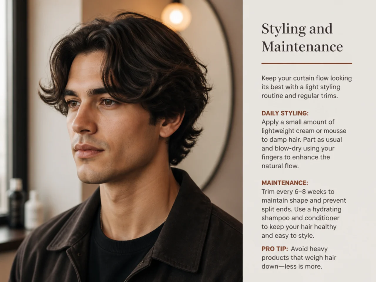 Flat-lay of styling products for a curtain flow haircut: matte cream, sea-salt spray, wide-tooth comb, microfiber towel