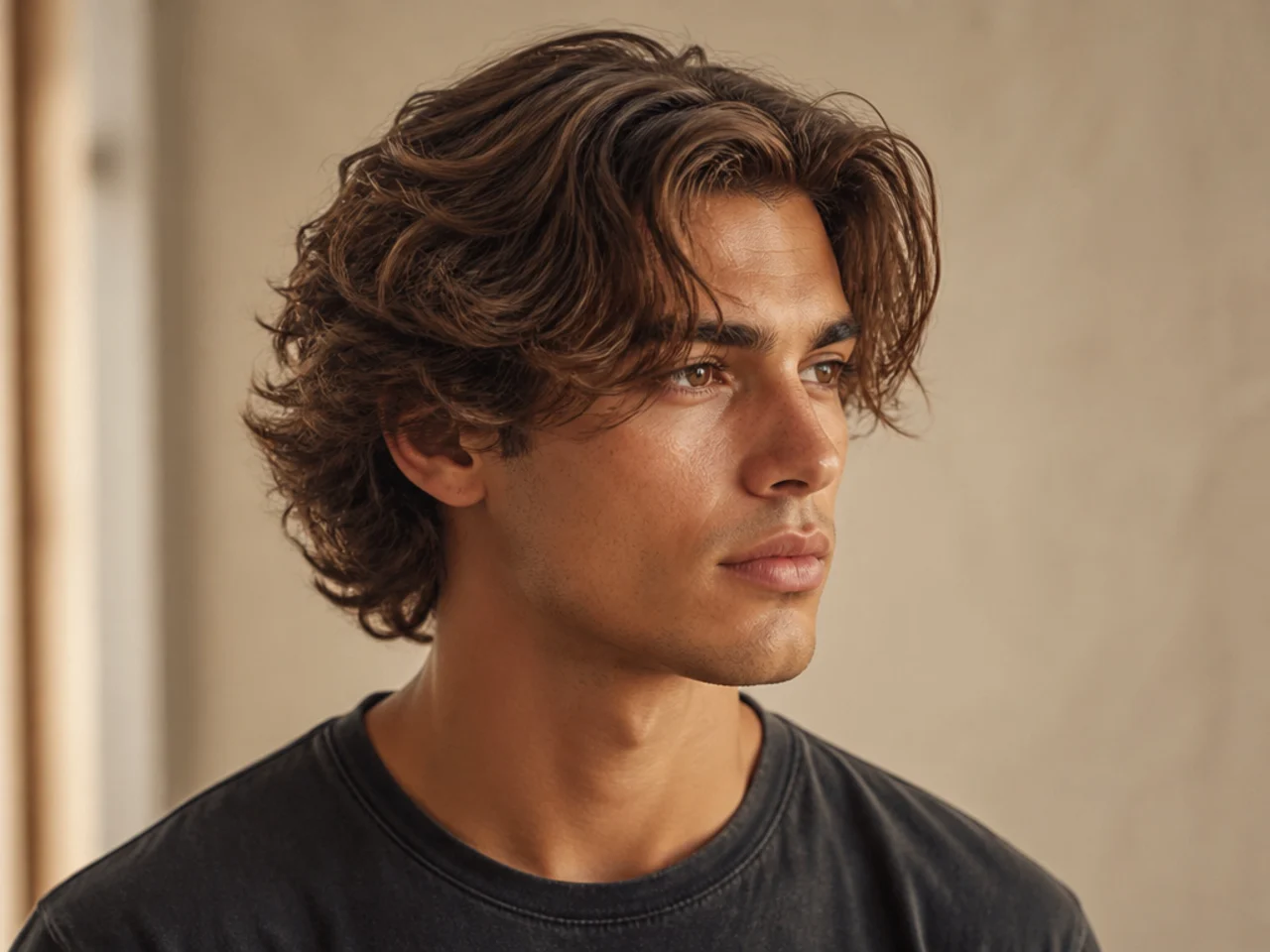 Surfer curtain flow haircut with sea-salt texture and forward-falling curtains on a man with sun-lightened hair