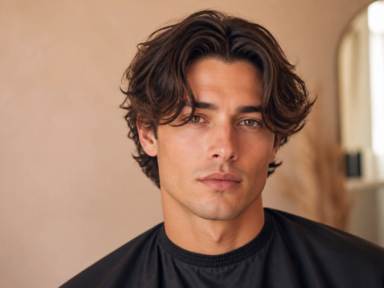 Wavy curtain flow with internal layering so the S-curve falls forward at the fringe on a man with wavy hair