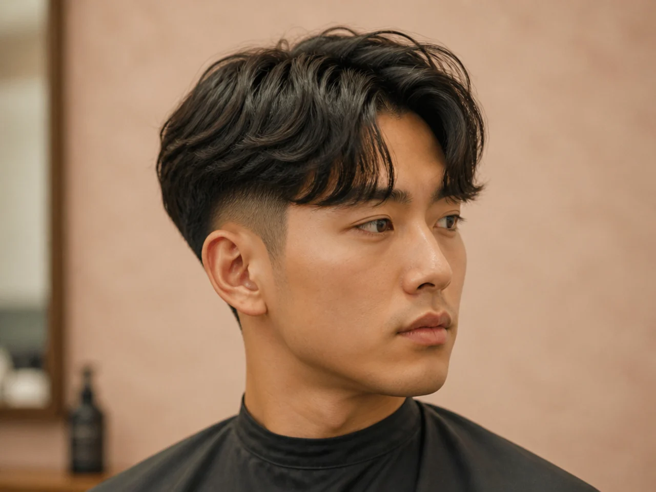 Two block curtain bangs with mid fade at the temple on thick straight black hair