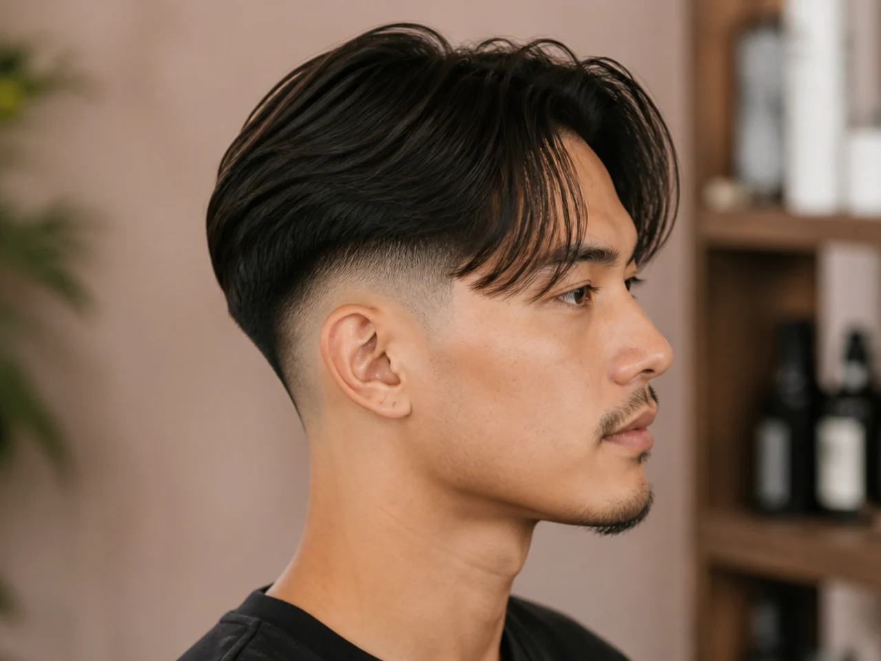 Two block curtain bangs with high skin fade contrast and dense fringe on straight black hair