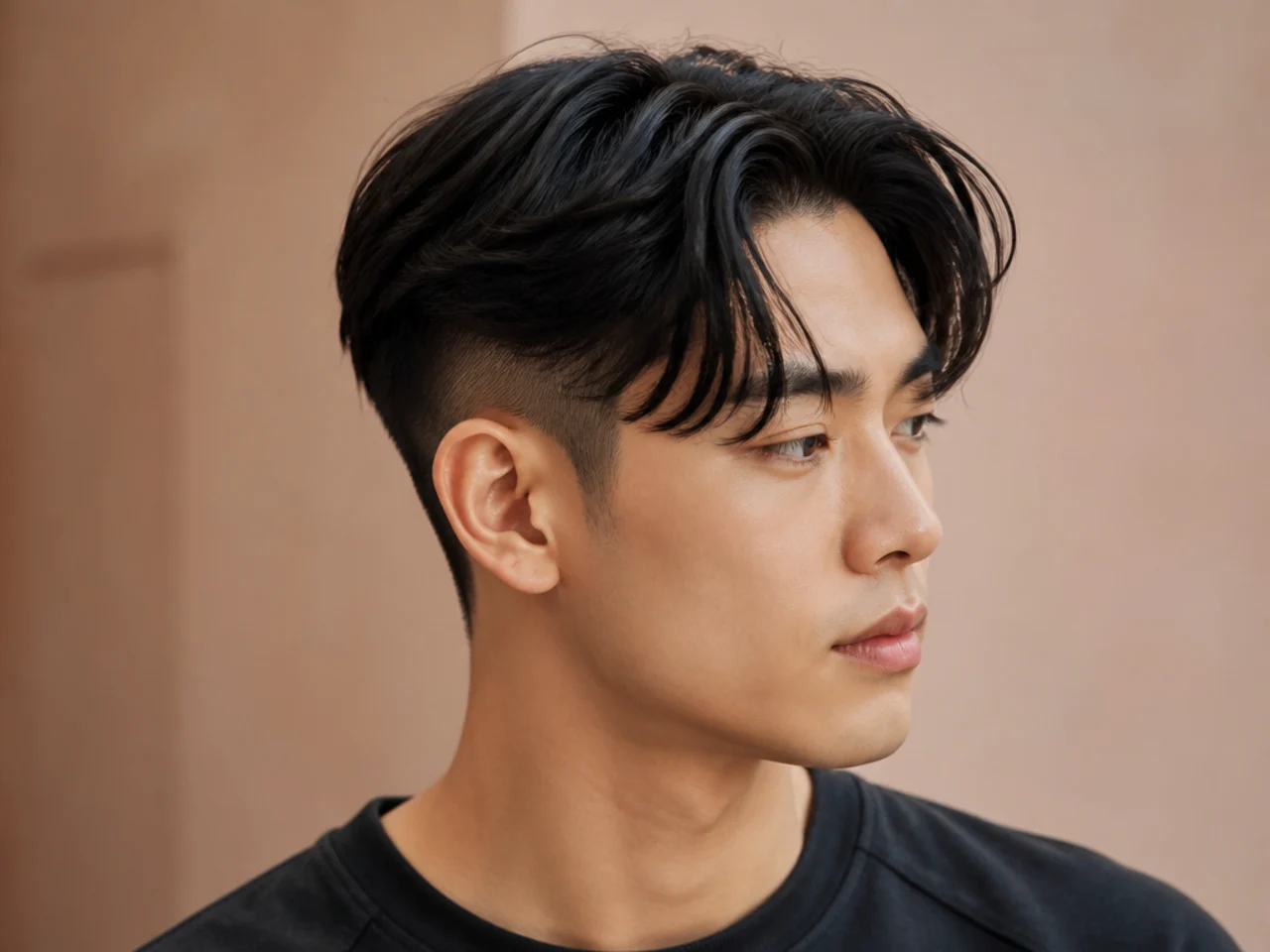 Two block curtain bangs undercut with hard-line disconnect at the temple on straight black hair