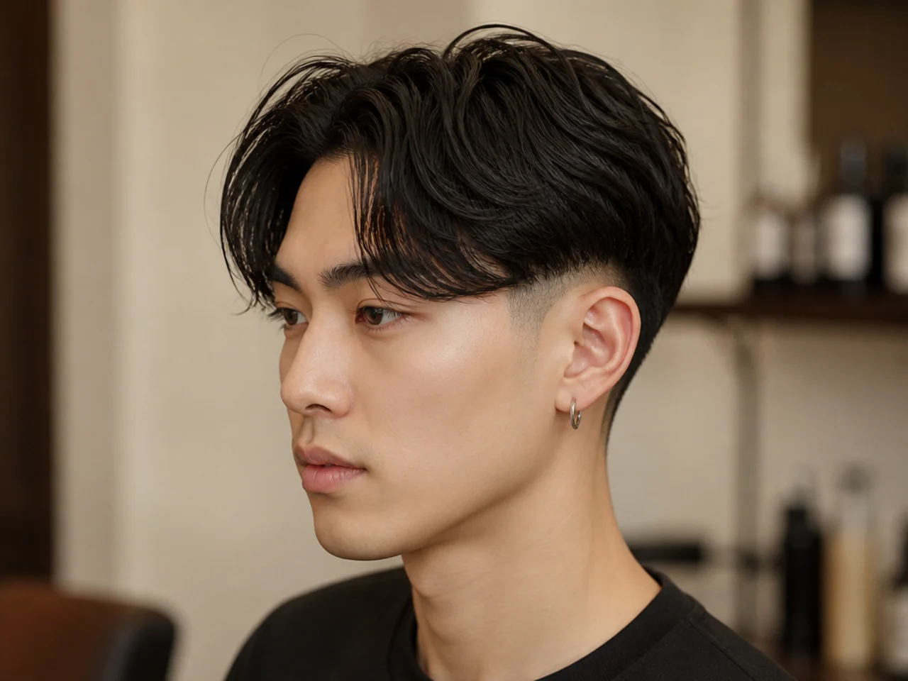 Two block curtain bangs with drop fade curving behind the ear on straight black hair