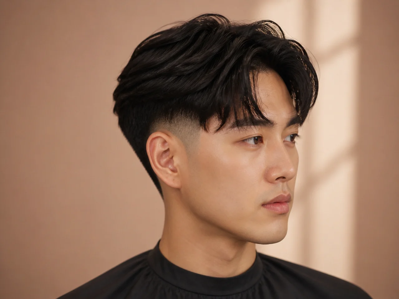 Two block curtain bangs with burst fade radiating around the ear on straight black hair