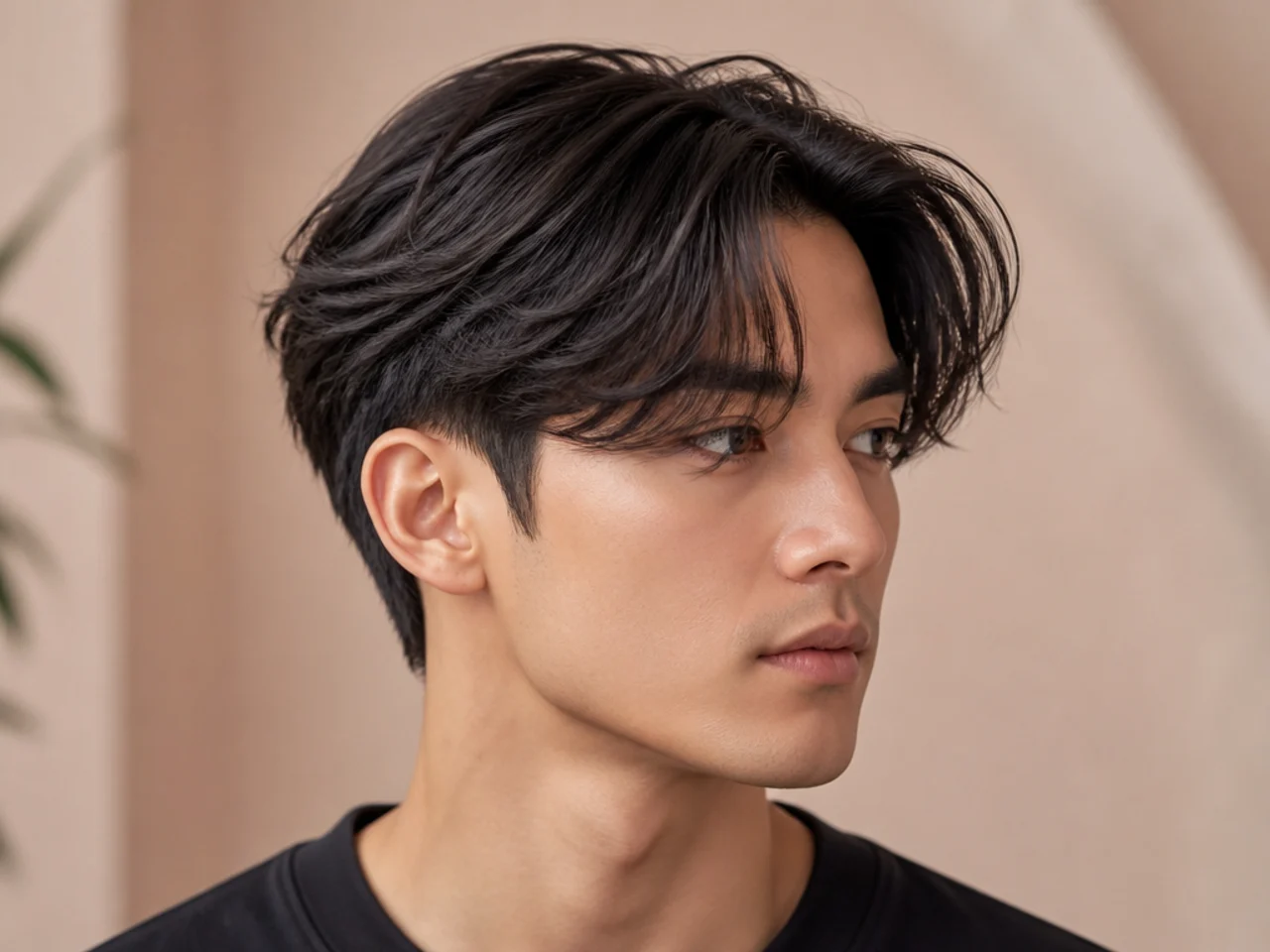 Feathered two block curtain bangs with soft wispy fringe ends and hidden clipper sides on straight brown hair