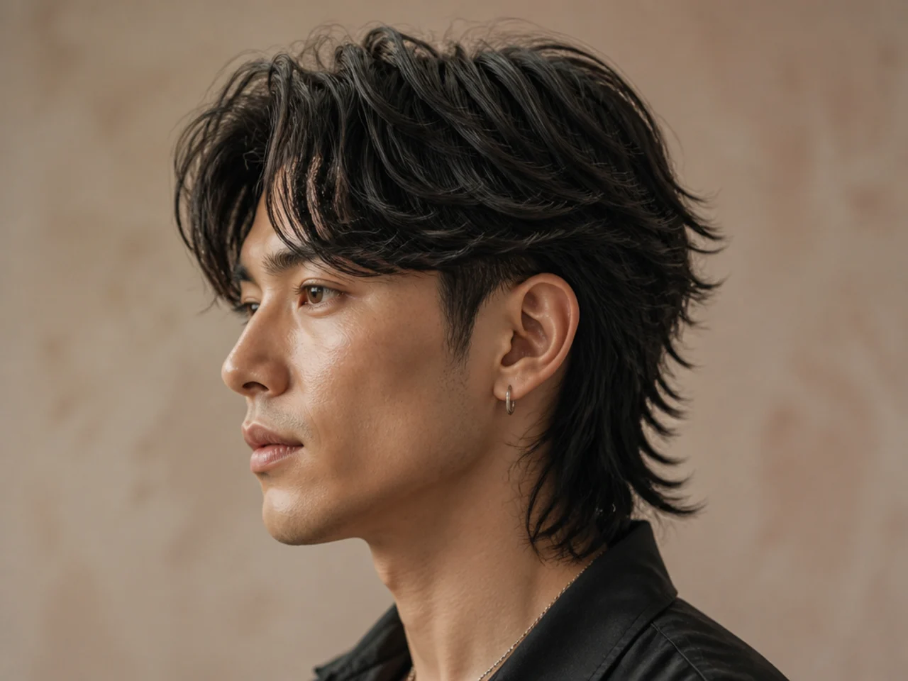 Wolf cut two block curtain bangs with heavy layered top and defined wave through fringe on wavy black hair