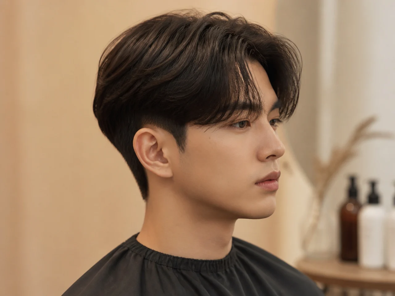 Layered two block curtain bangs with stepped lengths from crown to fringe and hidden clipper sides on straight brown hair
