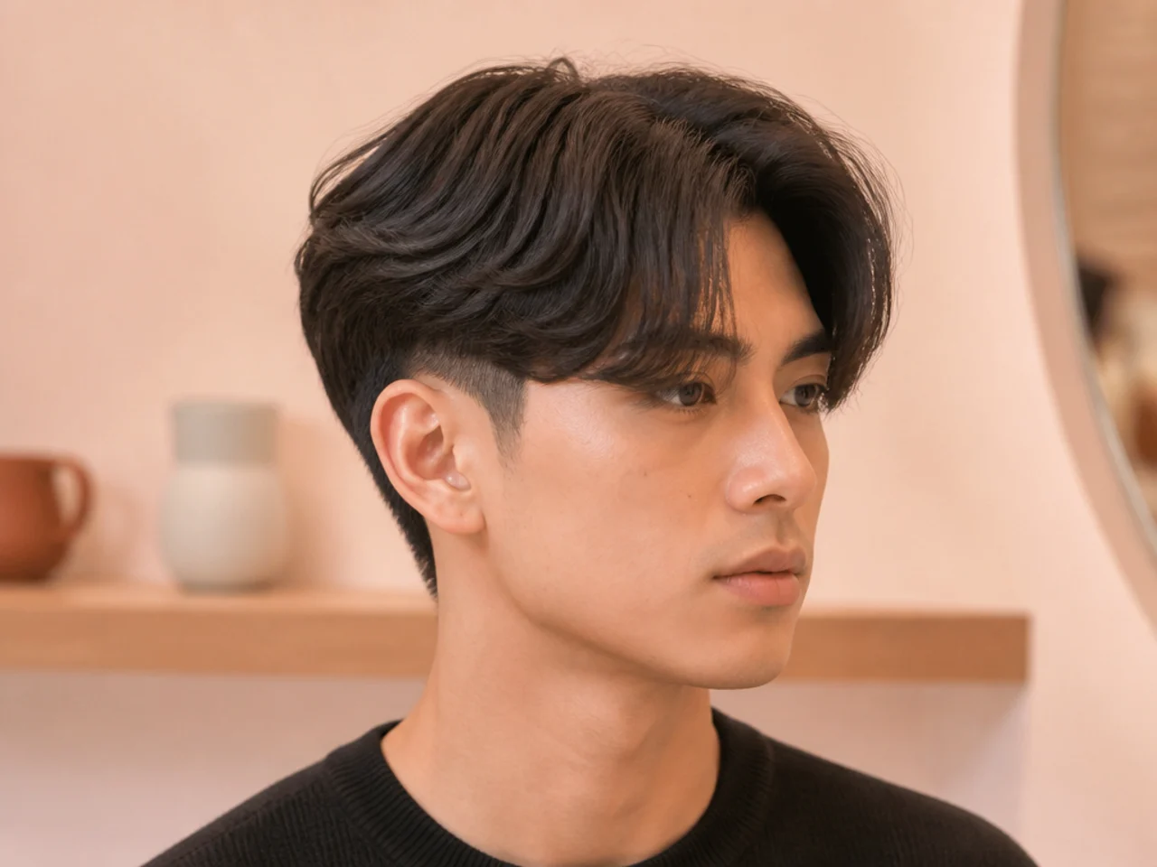 Heavy curtain bangs two block with thick full fringe across the forehead and hidden clipper sides on straight black hair
