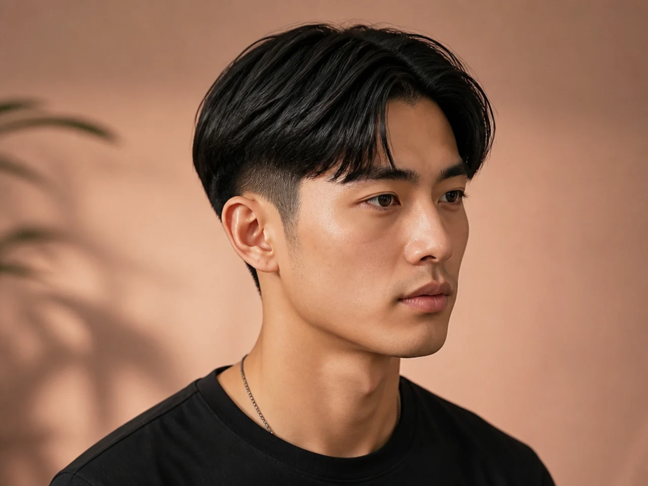 Short two block curtain bangs with 3 inches on top and brow-grazing fringe on straight black hair