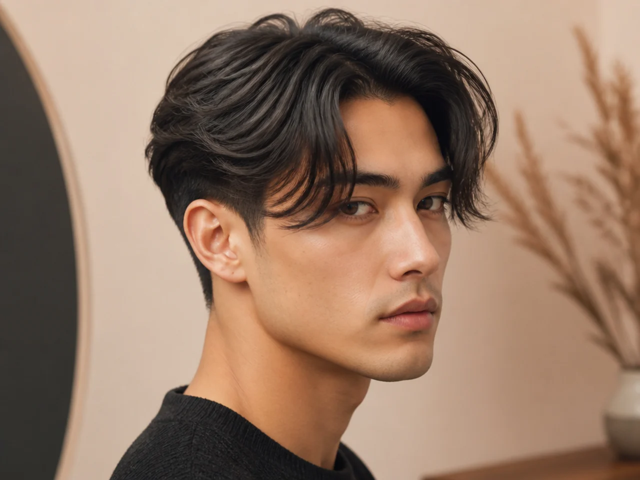 Long two block curtain bangs with 6 inches on top past the eyebrows and hidden clipper sides on straight-to-wavy black hair