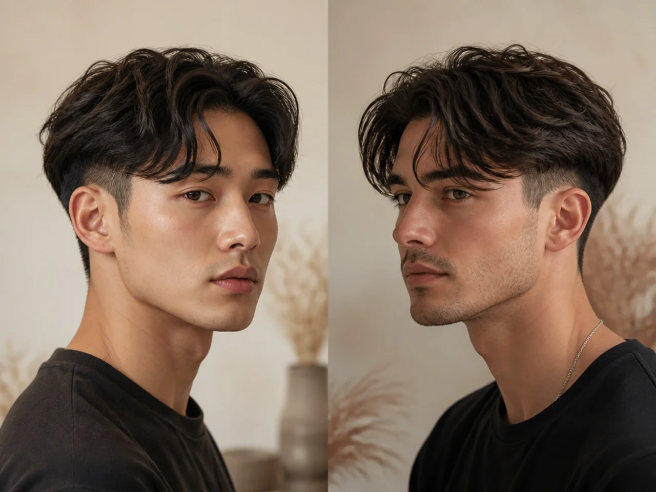 Textured two block curtain bangs with point-cut piecey fringe and hidden clipper sides on straight brown hair