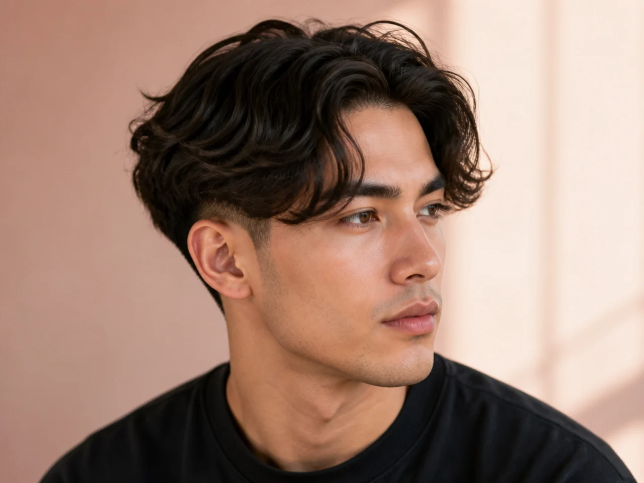 Wavy two block curtain bangs with natural wave through the fringe and hidden clipper sides on wavy brown hair