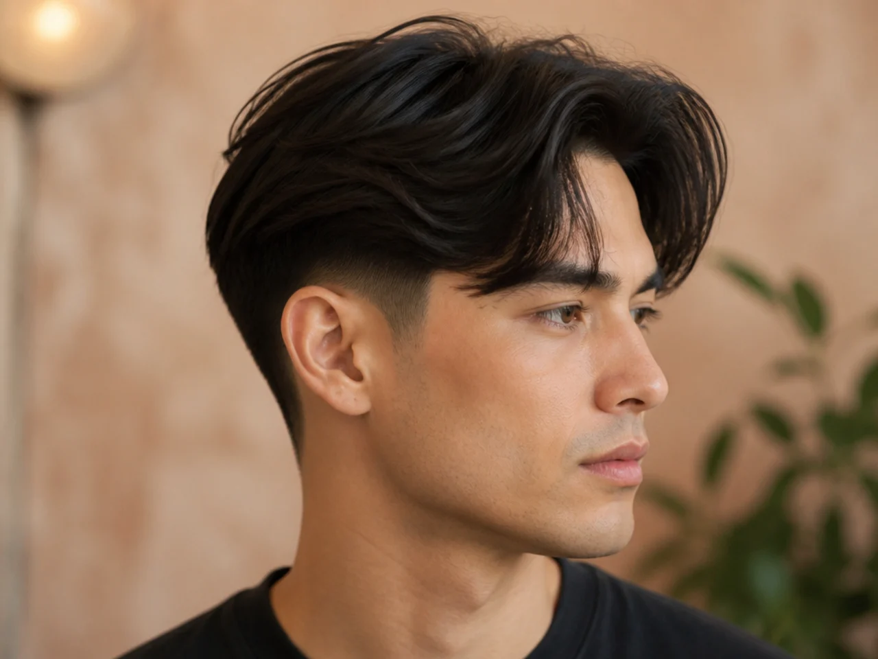 Two block curtain bangs with subtle low taper fade at the sideburn on straight black hair