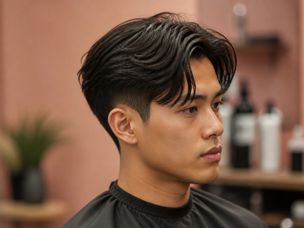 Round brush matte cream and light hairspray for styling two block curtain bangs