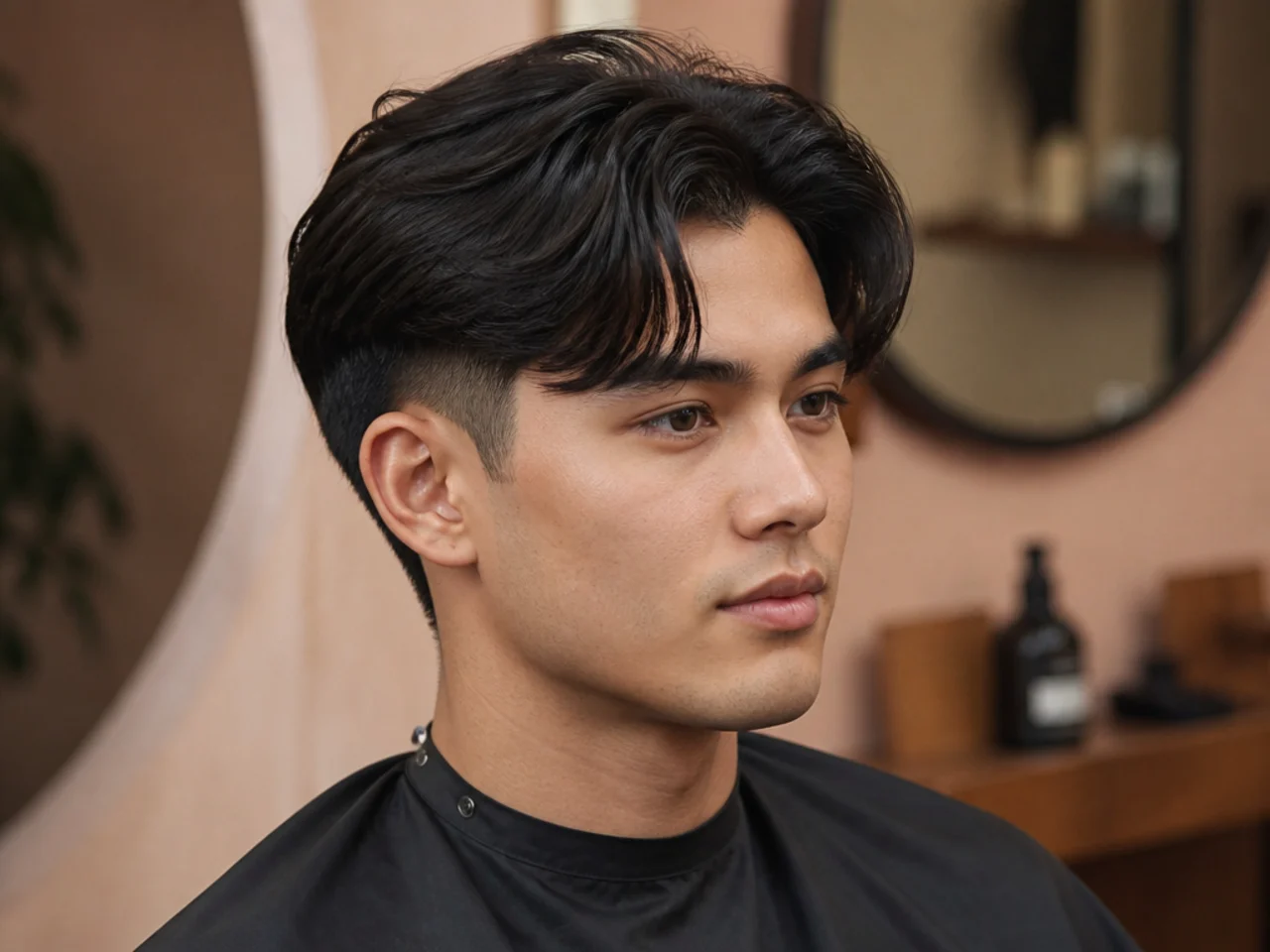 Two block curtain bangs on a young man with straight black hair — center-parted fringe grazing the eyebrows and hidden clipper sides at the horseshoe line