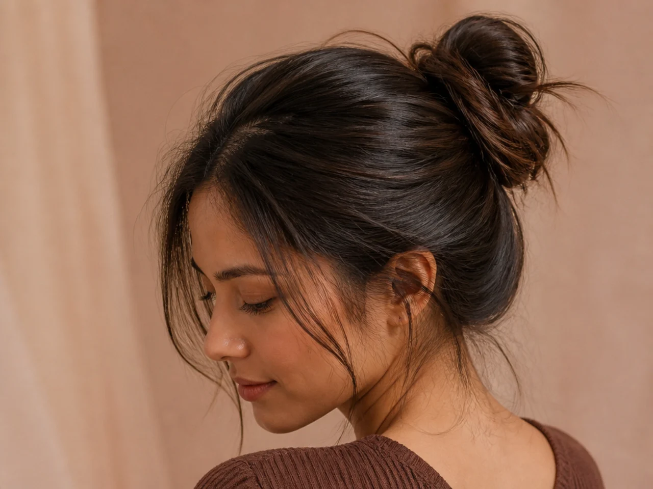 A messy bun on second-day hair