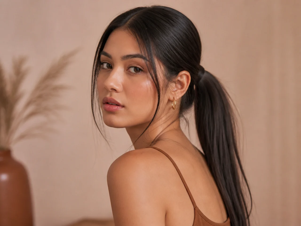 A ponytail slipping from freshly washed hair