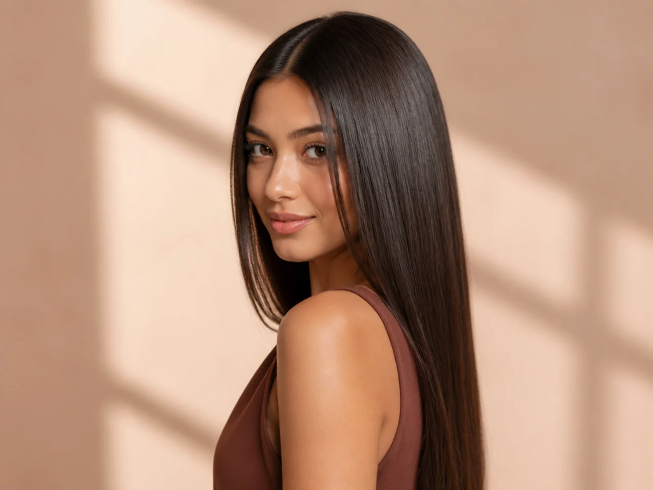 Three-quarter view of a long-lasting straight hair style