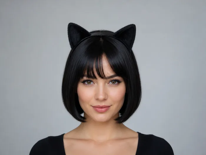 Sleek black bob with cat ear headband, glossy chin-length bob