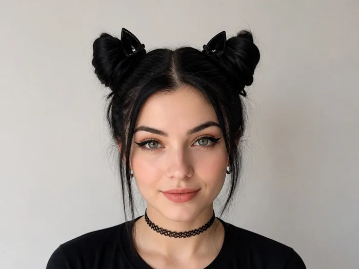 Woman with cat ear space buns, two high twisted buns with black cat ear clips