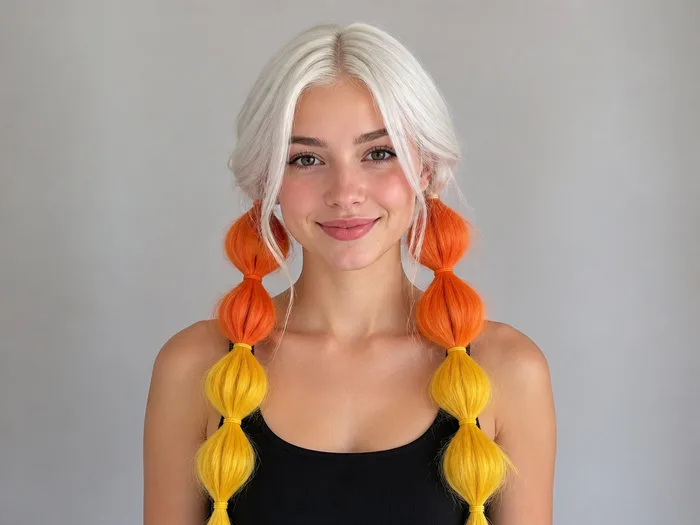 Long hair in a candy corn bubble braid with white, orange and yellow sections
