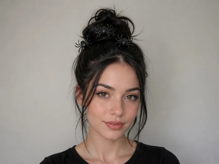 Messy bun styled as a spiderweb with small black spider clips