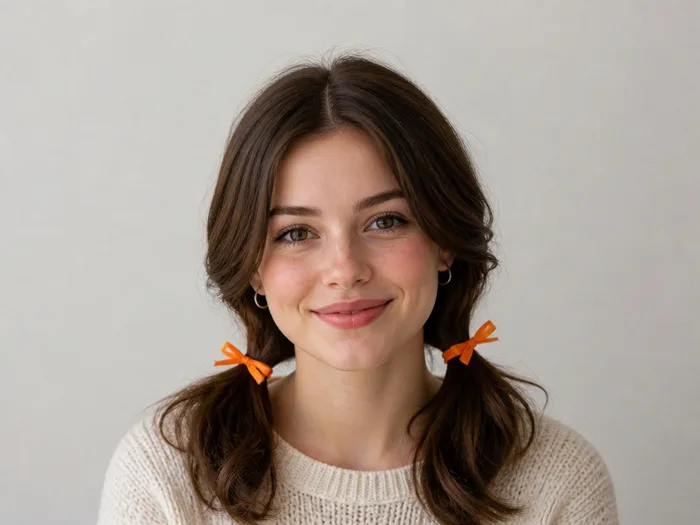 Woman with pumpkin patch pigtails, two low pigtails with orange ties and bows