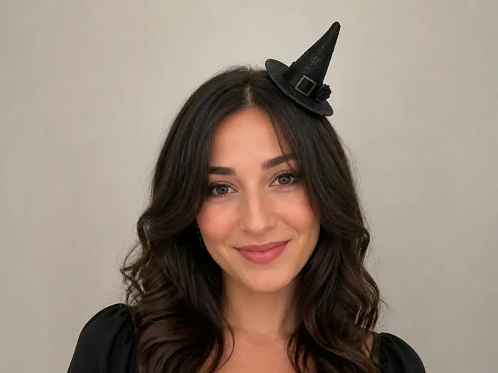 Woman with loose waves and a small black mini witch hat clip