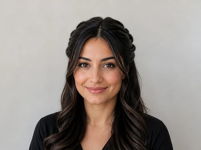 Half-up twisted hairstyle with bat wing shape, dark hair twisted back from the face