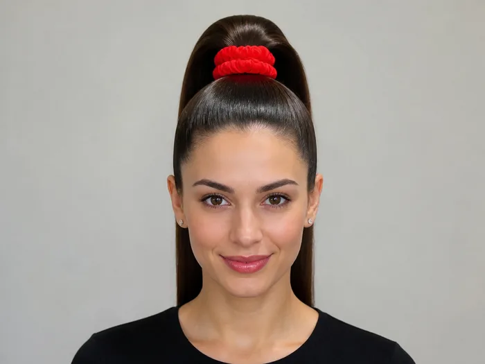 High ponytail with glossy red shine, sleek and polished candy apple look