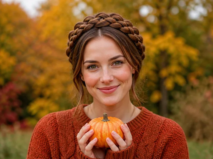 Woman choosing between cute Halloween hairstyles, braid crown and space buns options