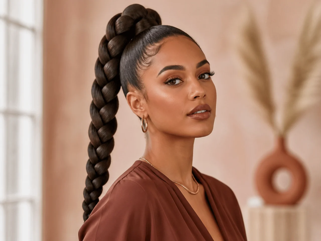 Black woman aged 31 wearing a jumbo braided high ponytail with kanekalon extensions