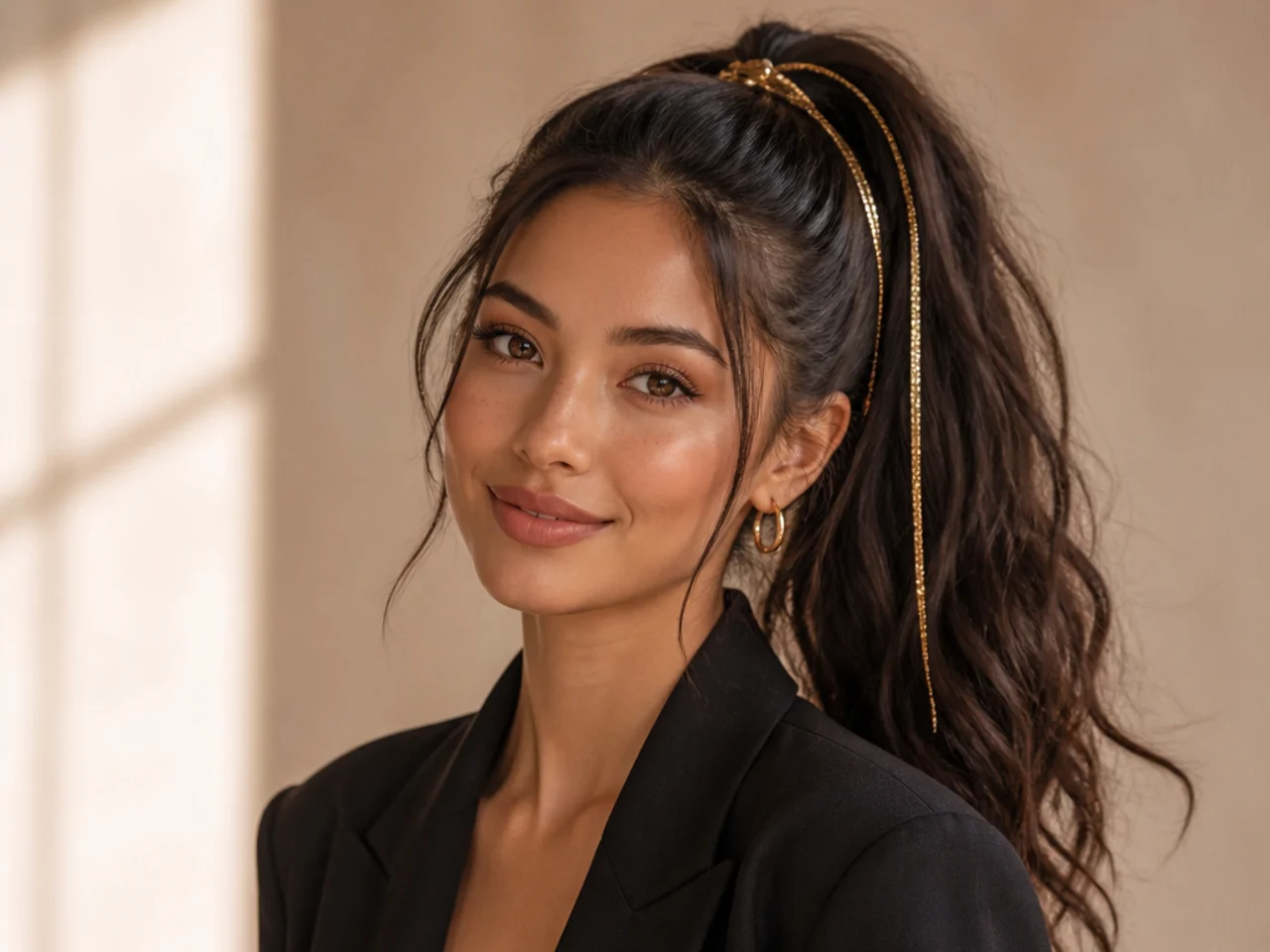 Young white woman aged 22 wearing a high ponytail dressed with tinsel and a velvet ribbon on wavy blonde hair