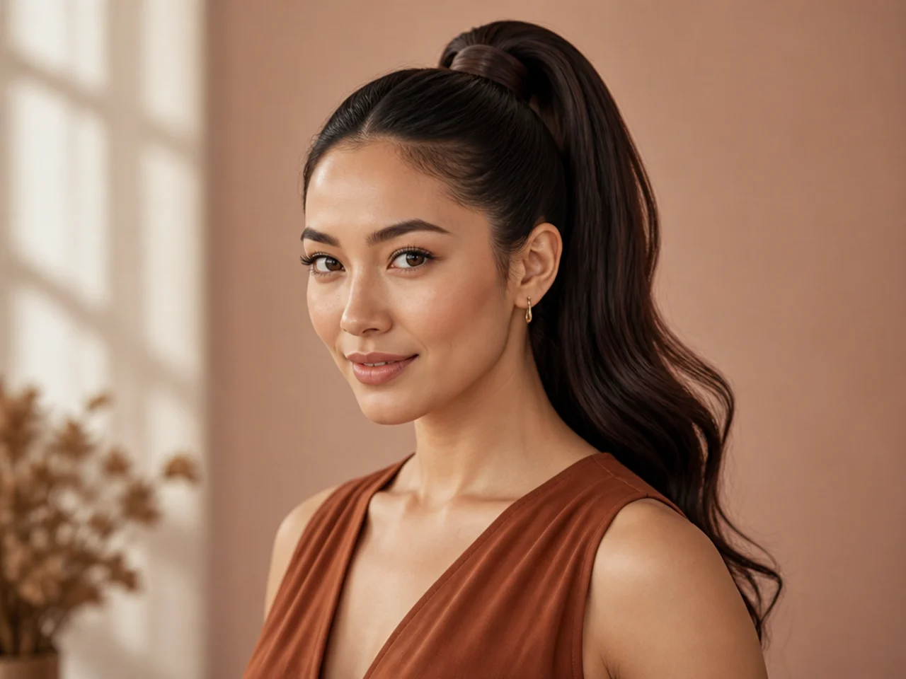 East Asian woman aged 33 wearing a high ponytail with a hair-wrapped base hiding the elastic on dark straight hair