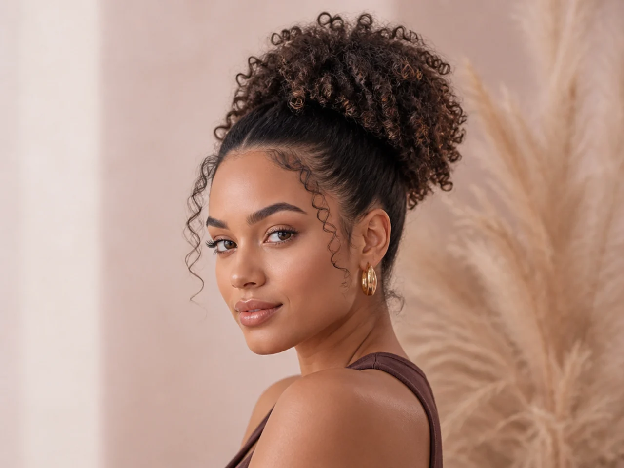 Afro-Latina woman aged 26 wearing a high curly puff ponytail with defined Type 3c coils